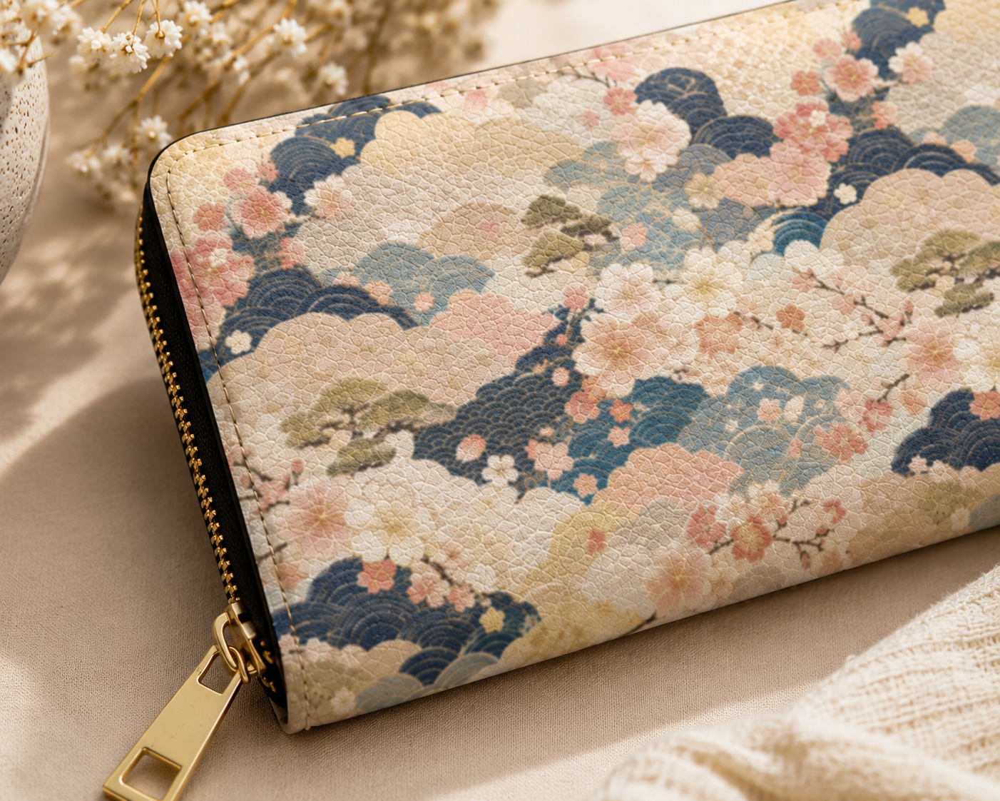 Vintage Japanese Blossom Wave Zipper Wallet