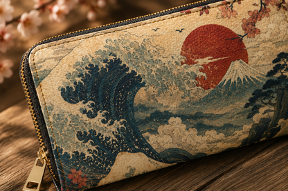Vintage Japanese Wave Painting Zipper Wallet