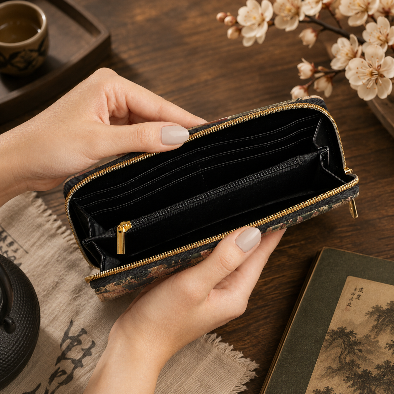 Vintage Japanese Temple Painting Zipper Wallet