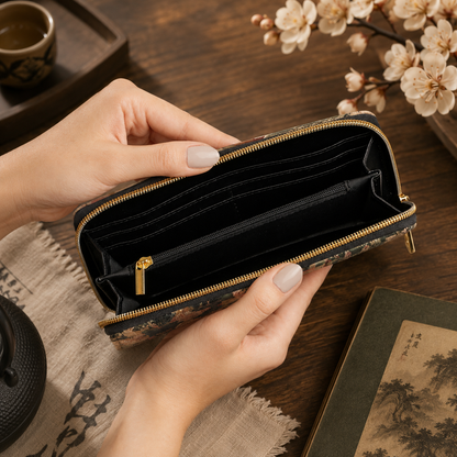 Vintage Japanese Temple Painting Zipper Wallet