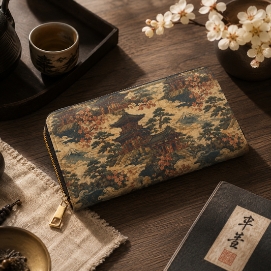 Vintage Japanese Temple Painting Zipper Wallet