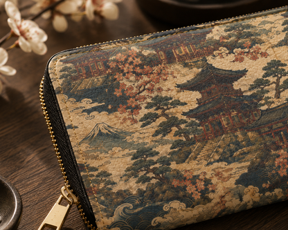 Vintage Japanese Temple Painting Zipper Wallet