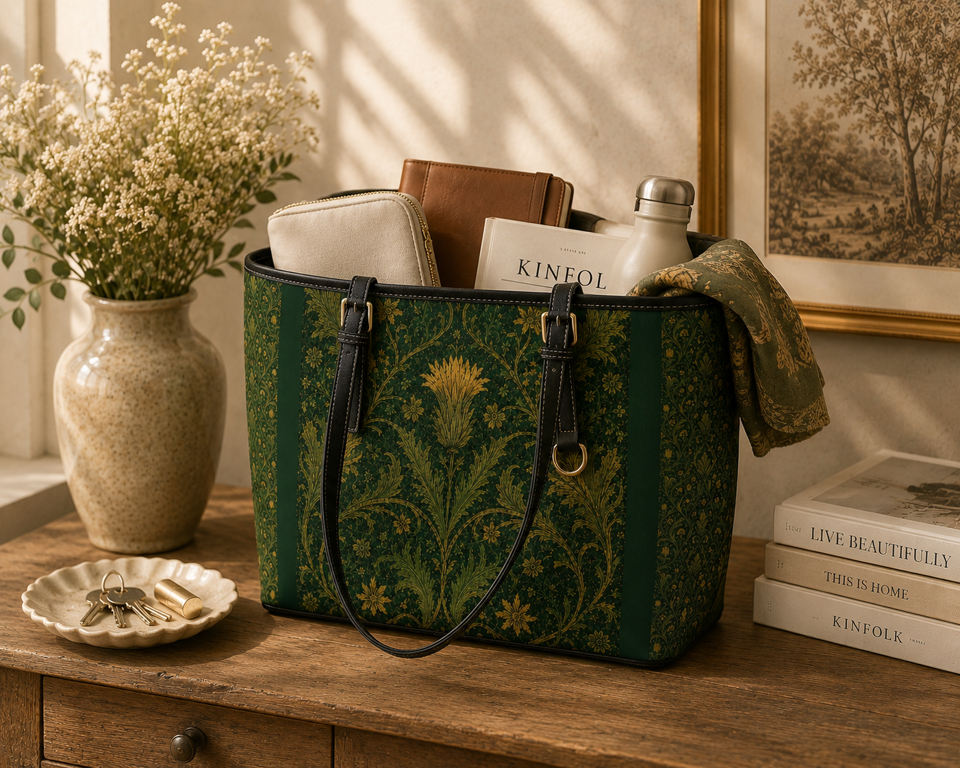 William Morris Forest Green Damask Floral Tote Bag