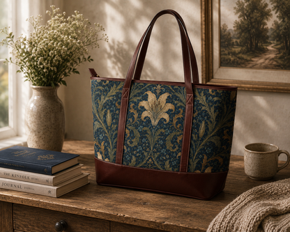 William Morris Damask Leather Trim Floral Shoulder Handbag Tote