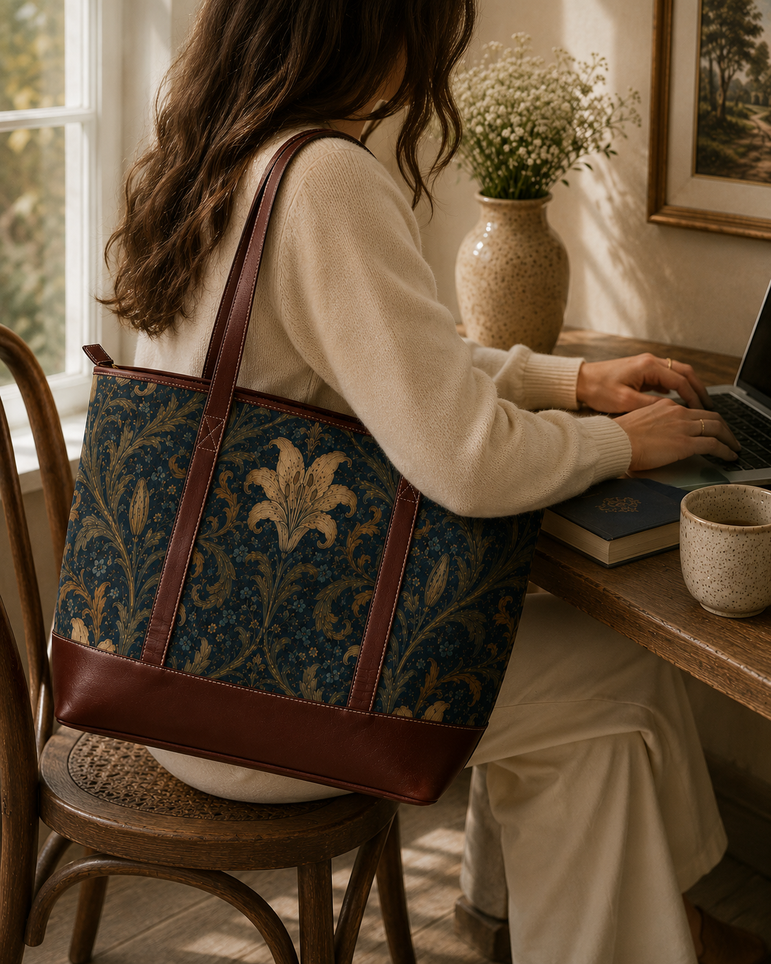 William Morris Damask Leather Trim Floral Shoulder Handbag Tote