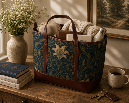 William Morris Damask Leather Trim Floral Shoulder Handbag Tote