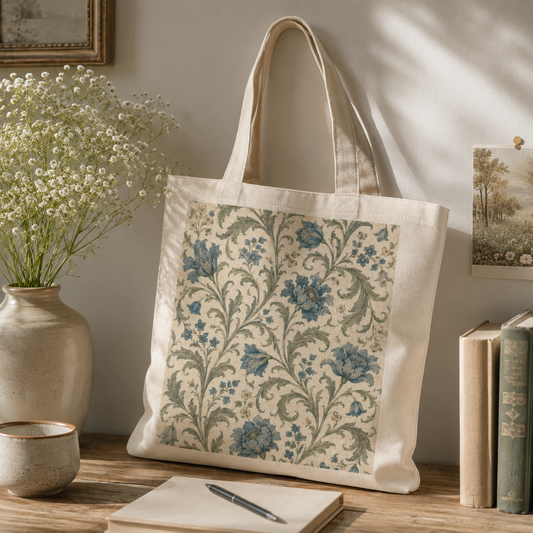 100% Cotton William Morris Vintage Floral Blue Pattern Tote Bag