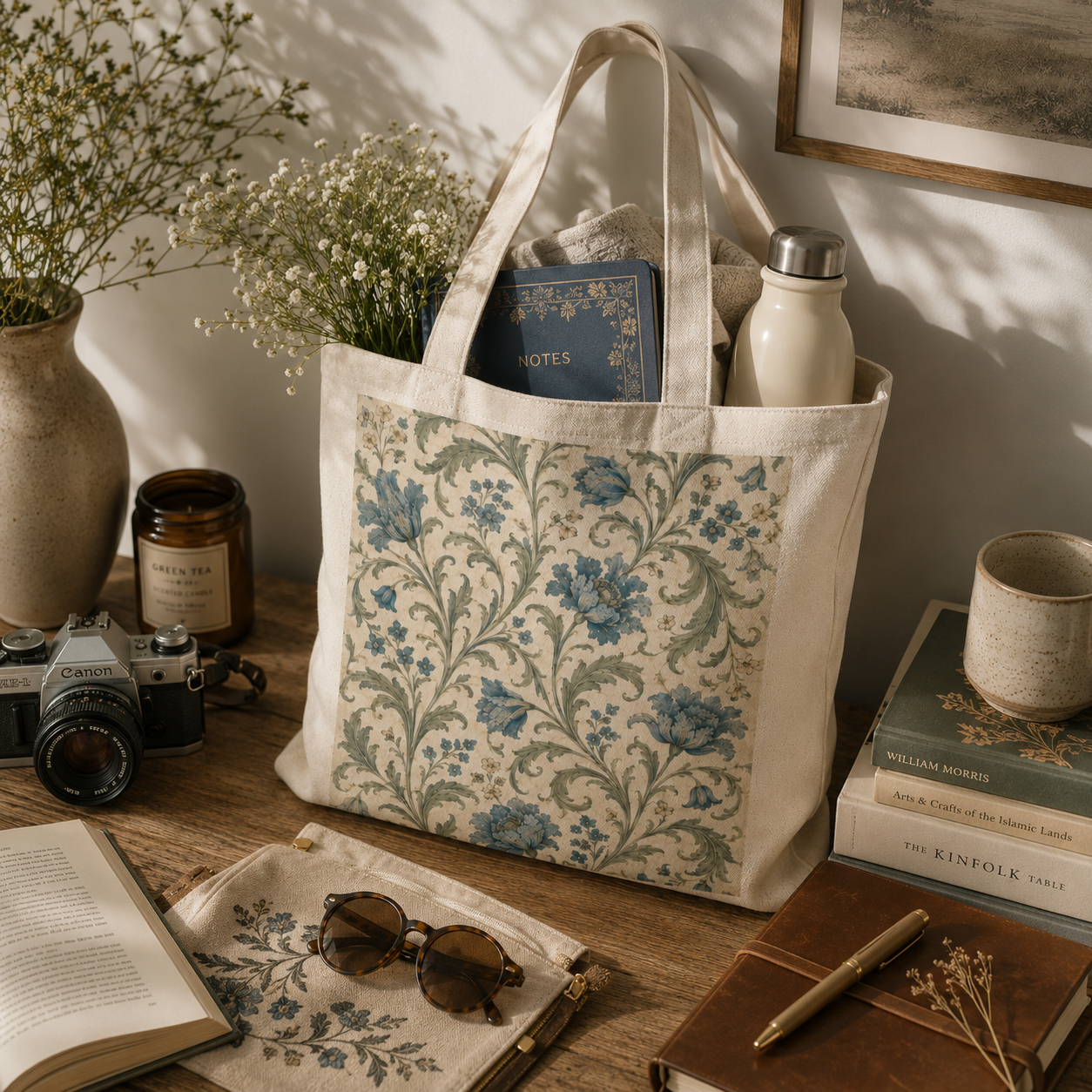100% Cotton William Morris Vintage Floral Blue Pattern Tote Bag