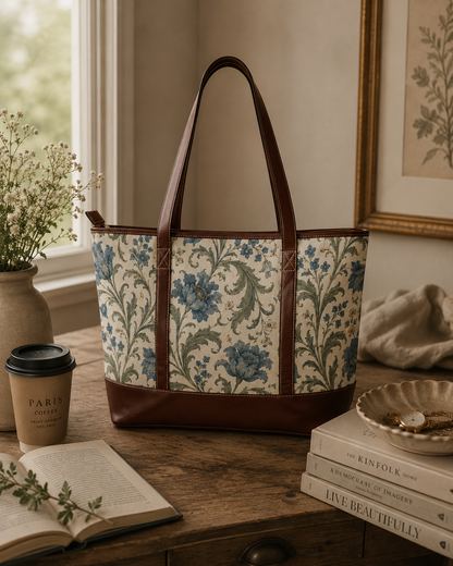 William Morris Floral Blue Damask Leather Trim Shoulder Tote Bag