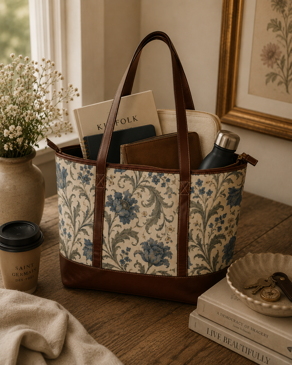 William Morris Floral Blue Damask Leather Trim Shoulder Tote Bag