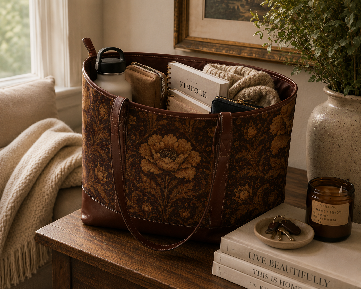 William Morris Floral Damask Rose Leather Trim Shoulder Tote Bag
