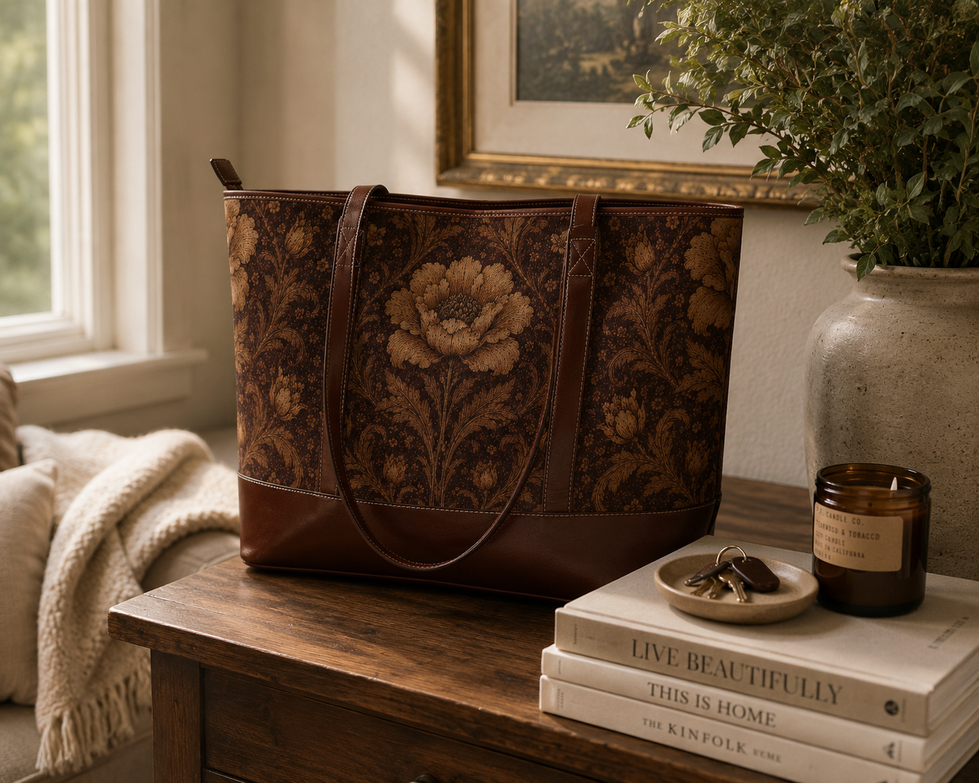 William Morris Floral Damask Rose Leather Trim Shoulder Tote Bag
