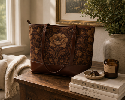 William Morris Floral Damask Rose Leather Trim Shoulder Tote Bag