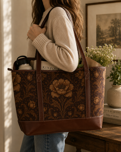 William Morris Floral Damask Rose Leather Trim Shoulder Tote Bag