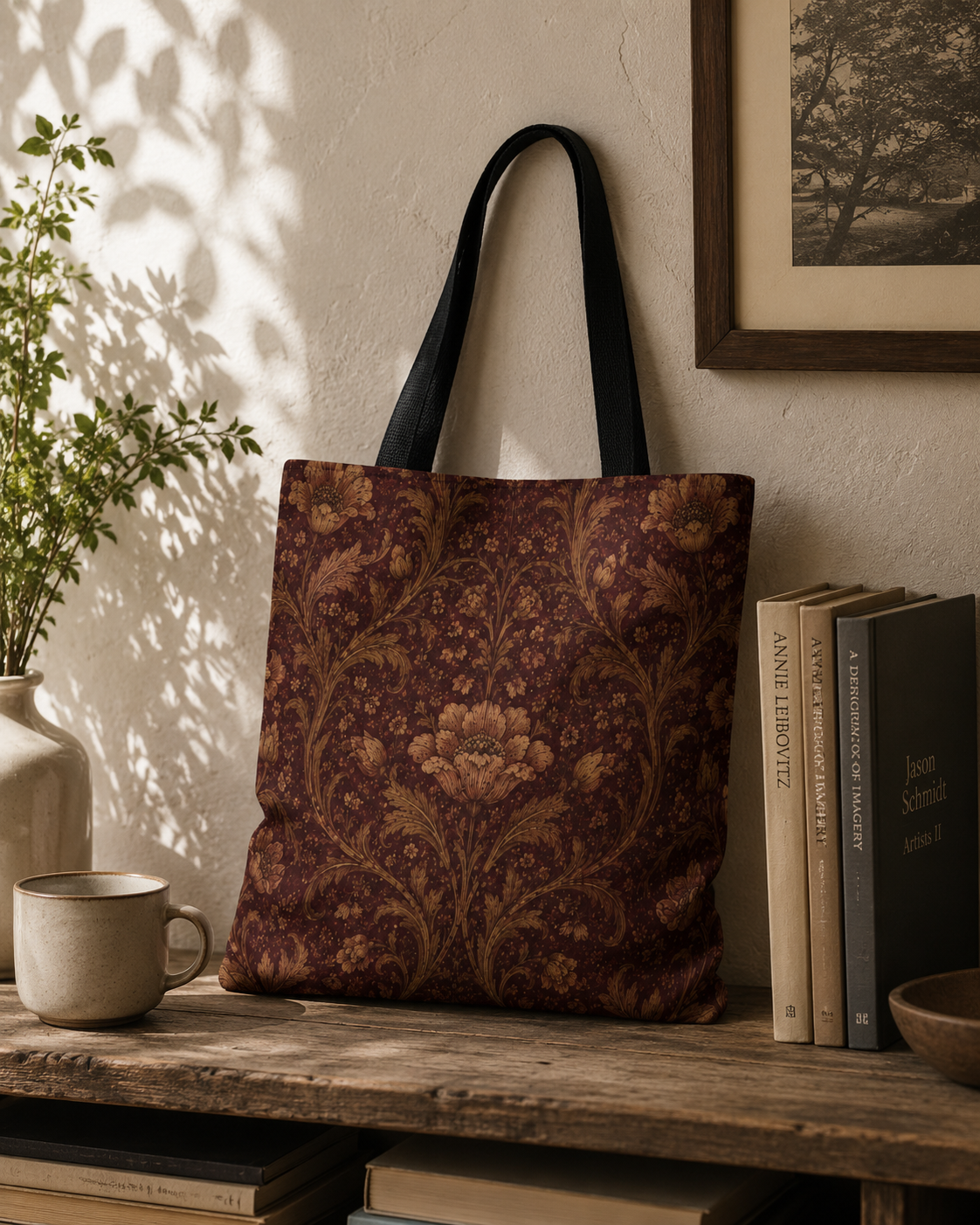 William Morris Floral Damask Maroon Full Art Tote Bag