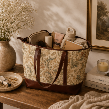 William Morris Vintage Floral Scroll Leather Trim Shoulder Tote Bag