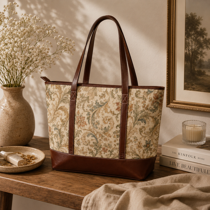William Morris Vintage Floral Scroll Leather Trim Shoulder Tote Bag