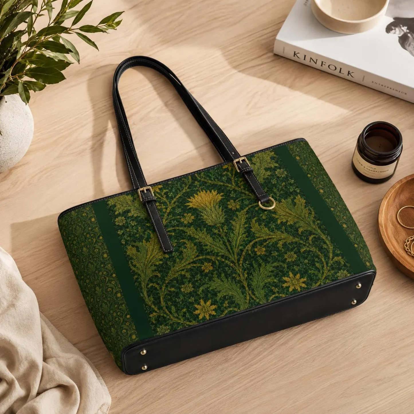 William Morris Forest Green Damask Floral Tote Bag