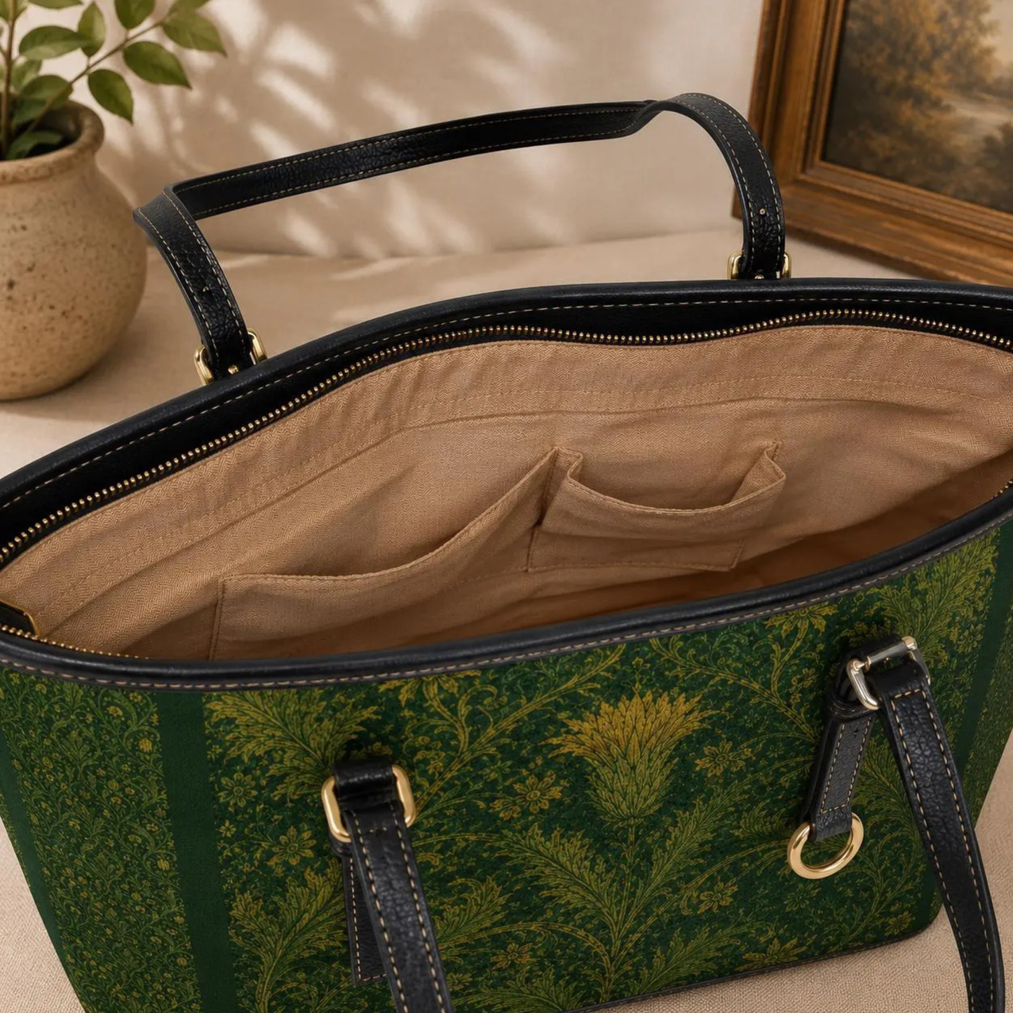 William Morris Forest Green Damask Floral Tote Bag