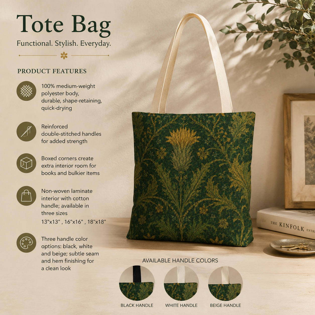 William Morris Forest Green Damask Floral Full Tote Bag