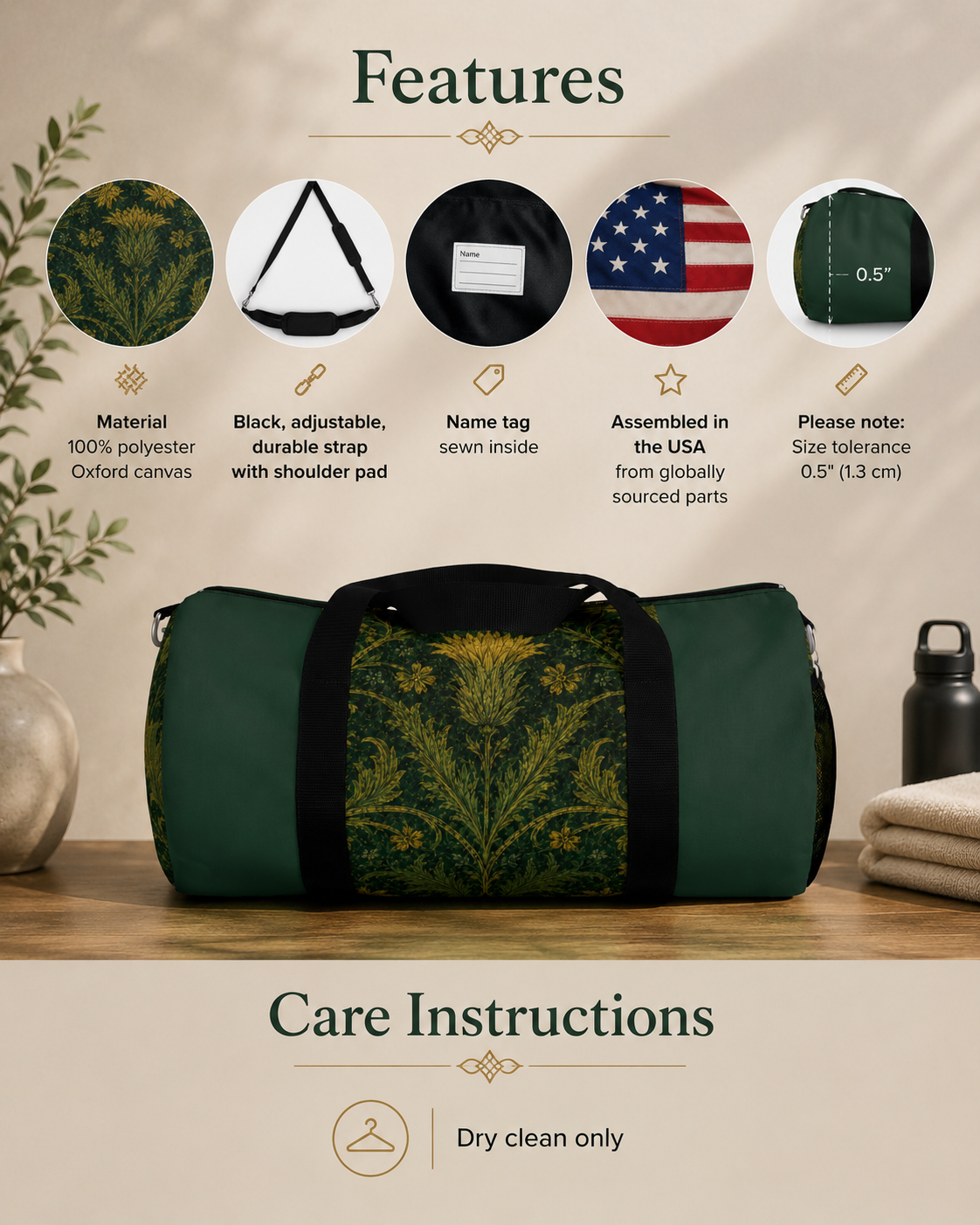 William Morris Forest Green Damask Floral Gym Duffel Bag