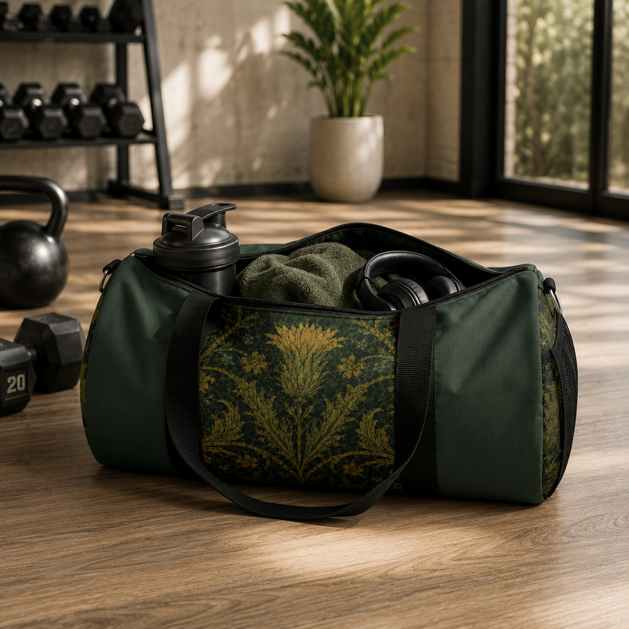 William Morris Forest Green Damask Floral Gym Duffel Bag