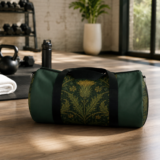 William Morris Forest Green Damask Floral Gym Duffel Bag