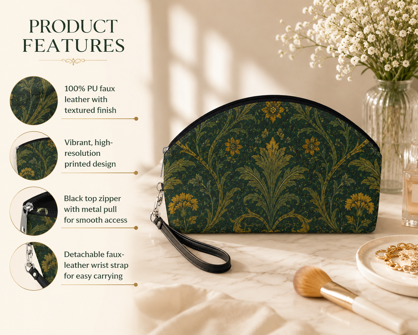 William Morris Forest Green Damask Floral Makeup Cosmetic bag