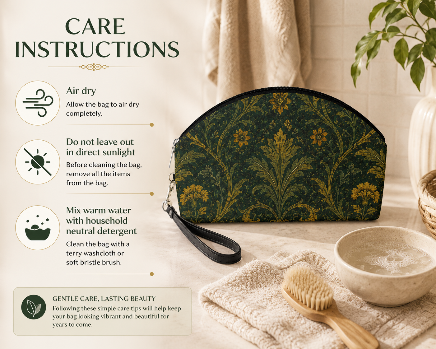 William Morris Forest Green Damask Floral Makeup Cosmetic bag