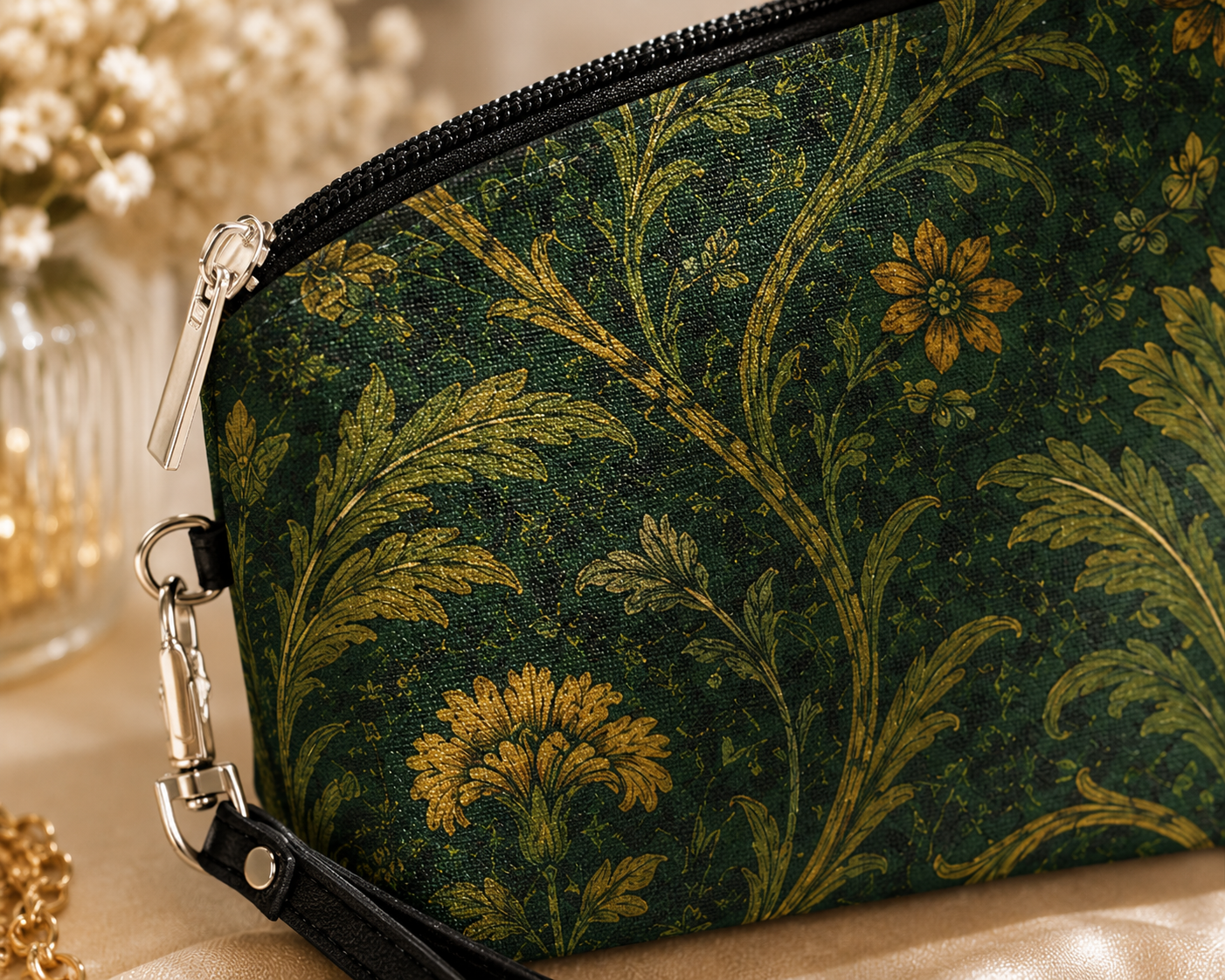 William Morris Forest Green Damask Floral Makeup Cosmetic bag