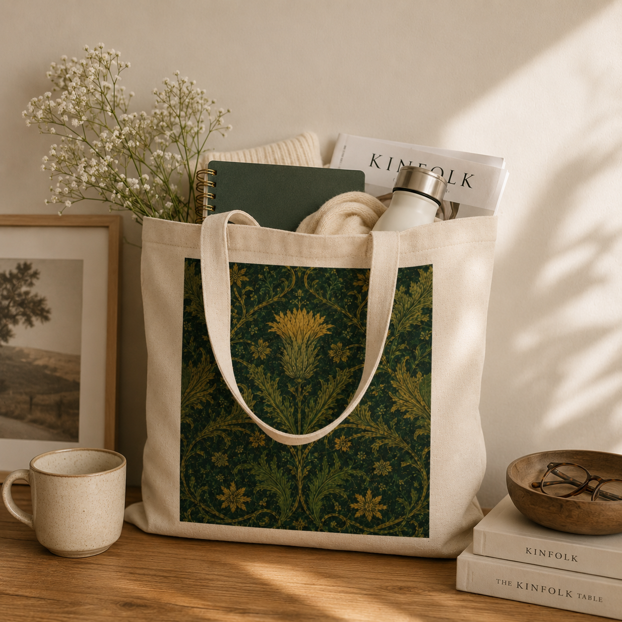 100% Cotton William Morris Forest Green Damask Floral Tote Bag