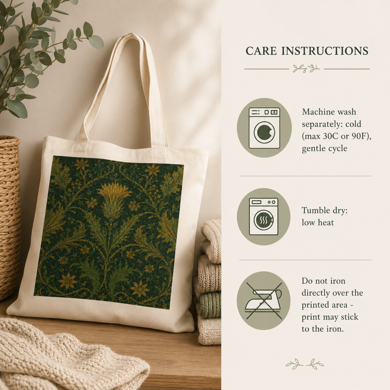 100% Cotton William Morris Forest Green Damask Floral Tote Bag