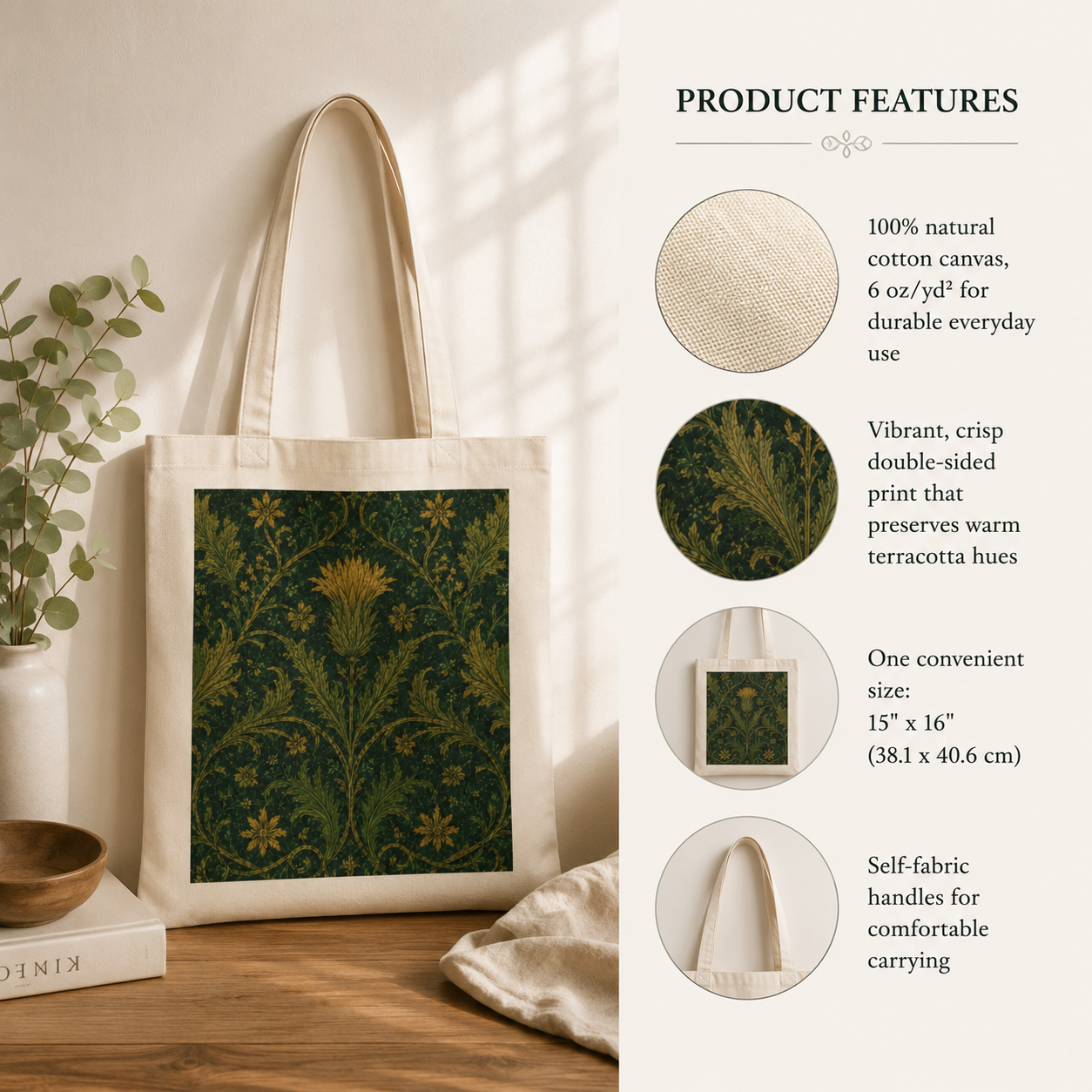 100% Cotton William Morris Forest Green Damask Floral Tote Bag