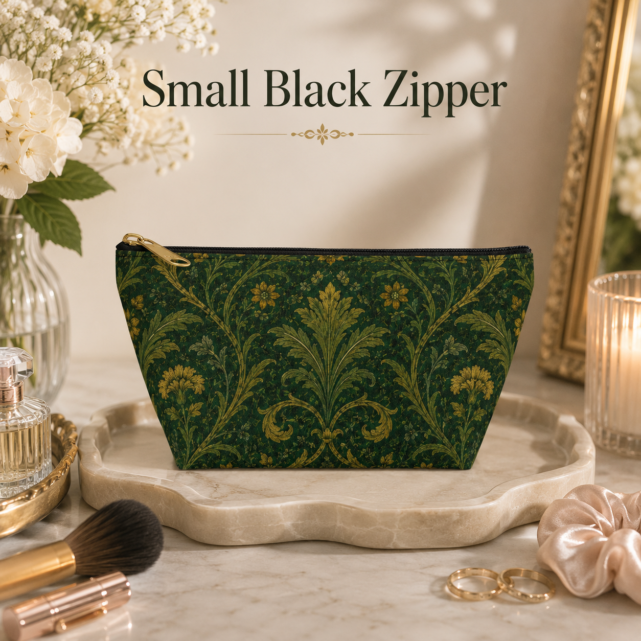 William Morris Forest Green Damask Makeup Accessory Pouch