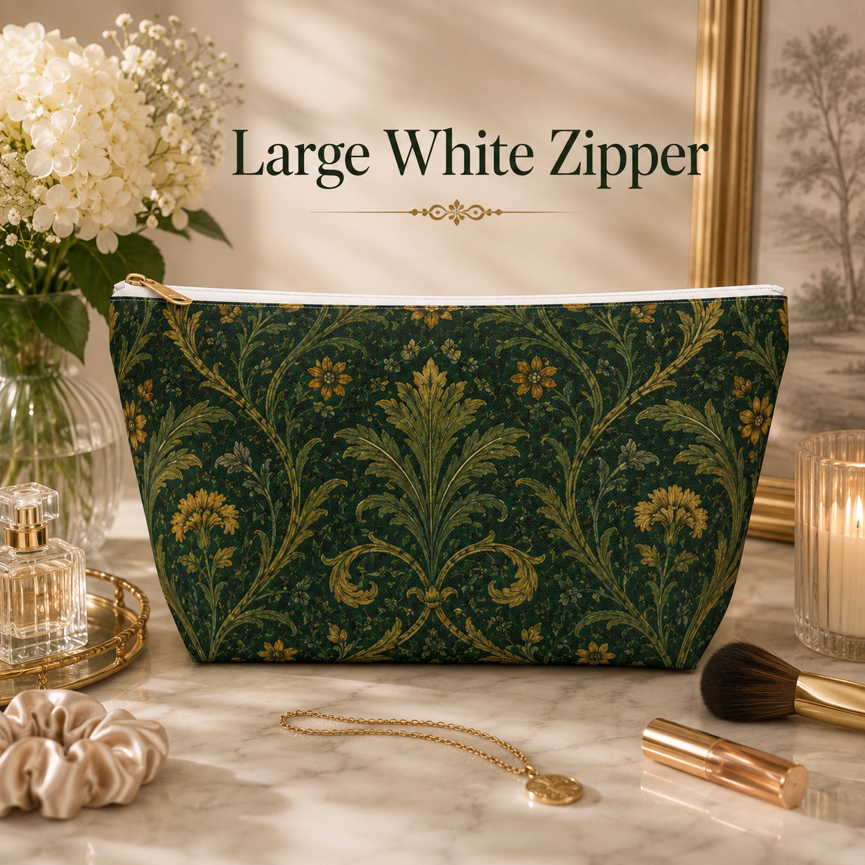 William Morris Forest Green Damask Makeup Accessory Pouch