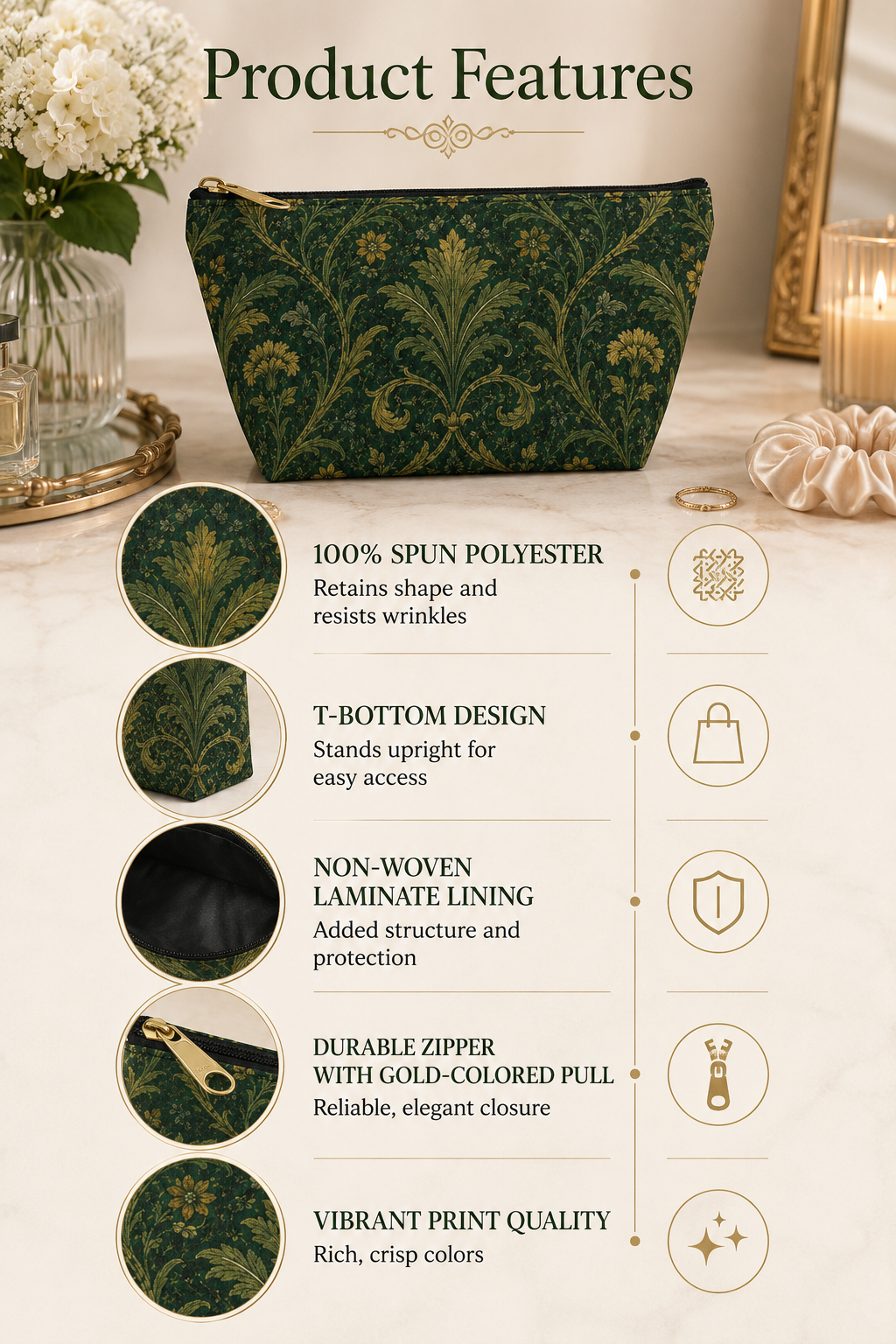 William Morris Forest Green Damask Makeup Accessory Pouch