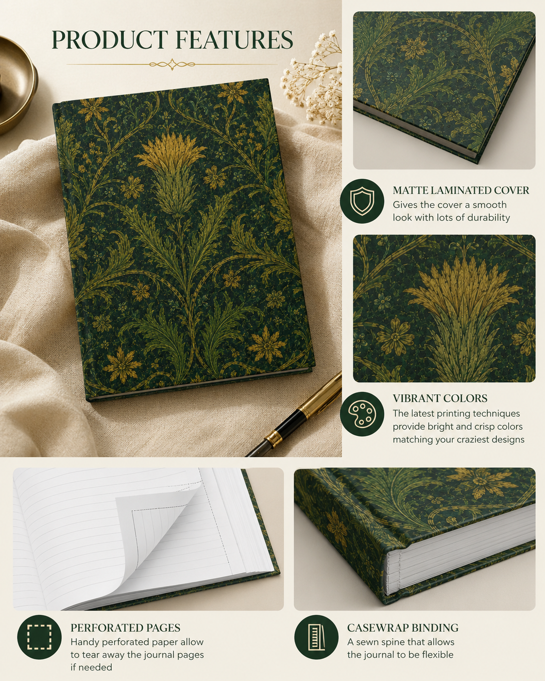 William Morris Forest Green Damask Floral Hardcover Journal