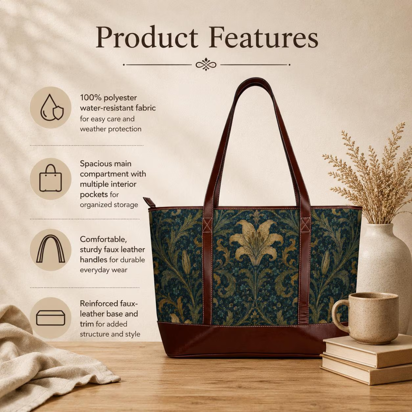 William Morris Damask Leather Trim Floral Shoulder Handbag Tote