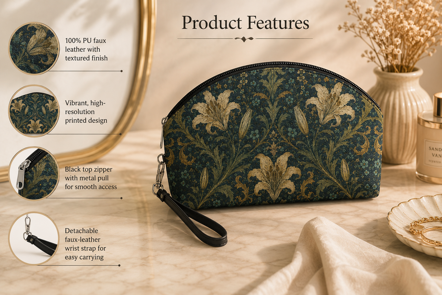 William Morris Damask Floral Cosmetic Makeup Bag