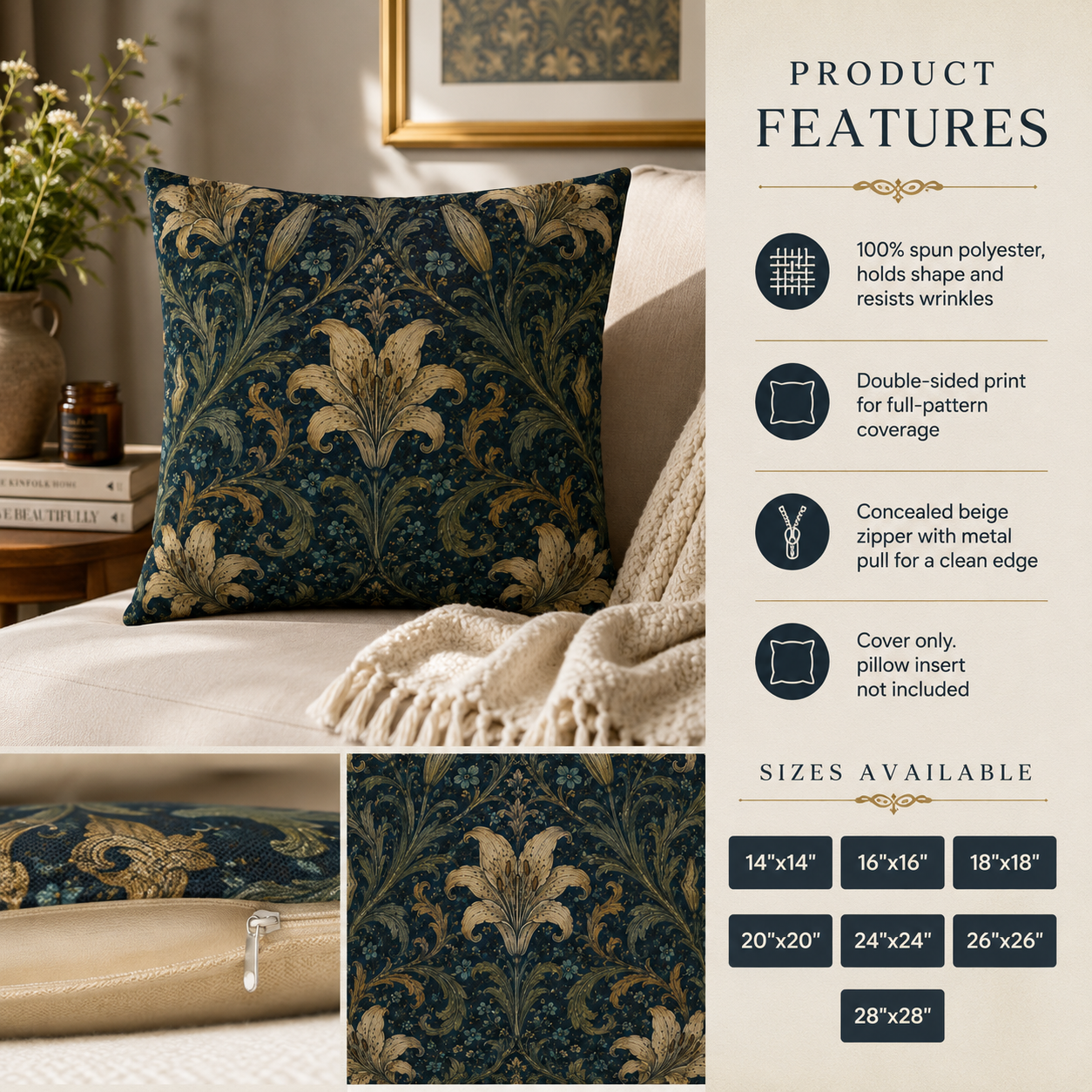 William Morris Damask Floral Lily Pillowcase Cover