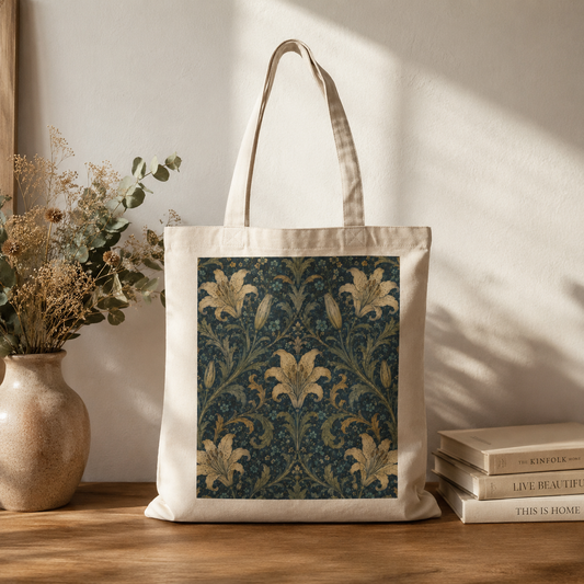 100% Cotton William Morris Damask Floral Lily Tote Bag