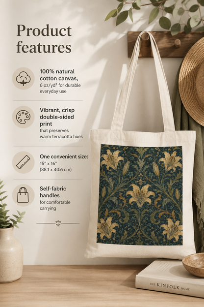 100% Cotton William Morris Damask Floral Lily Tote Bag