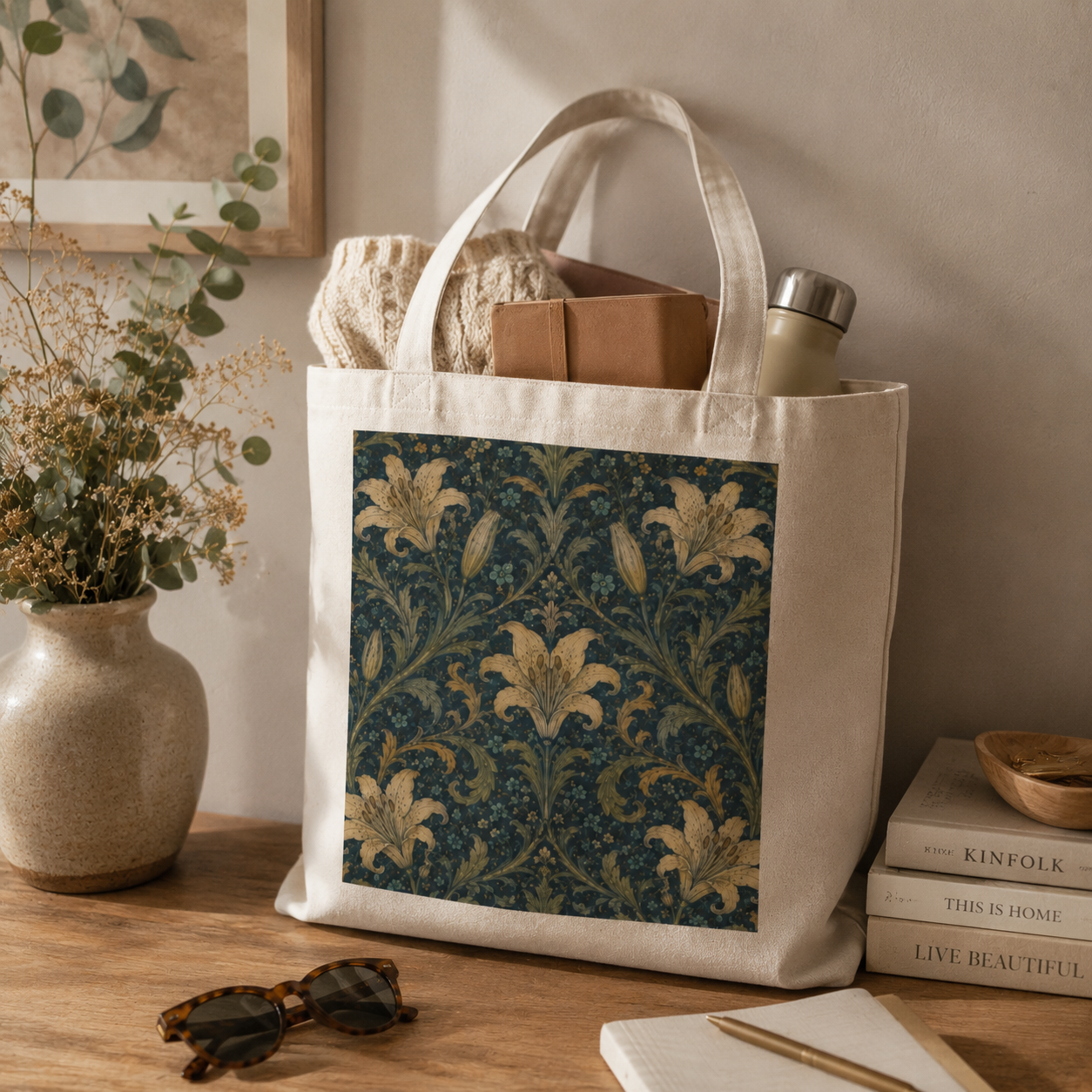 100% Cotton William Morris Damask Floral Lily Tote Bag