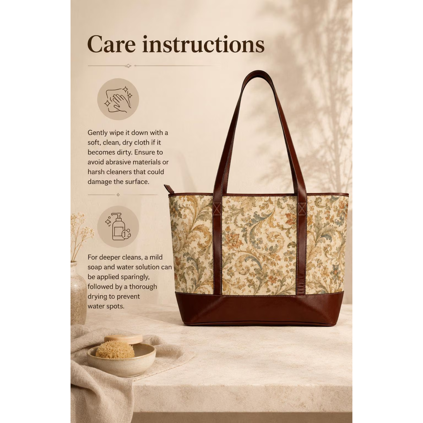 William Morris Vintage Floral Scroll Leather Trim Shoulder Tote Bag