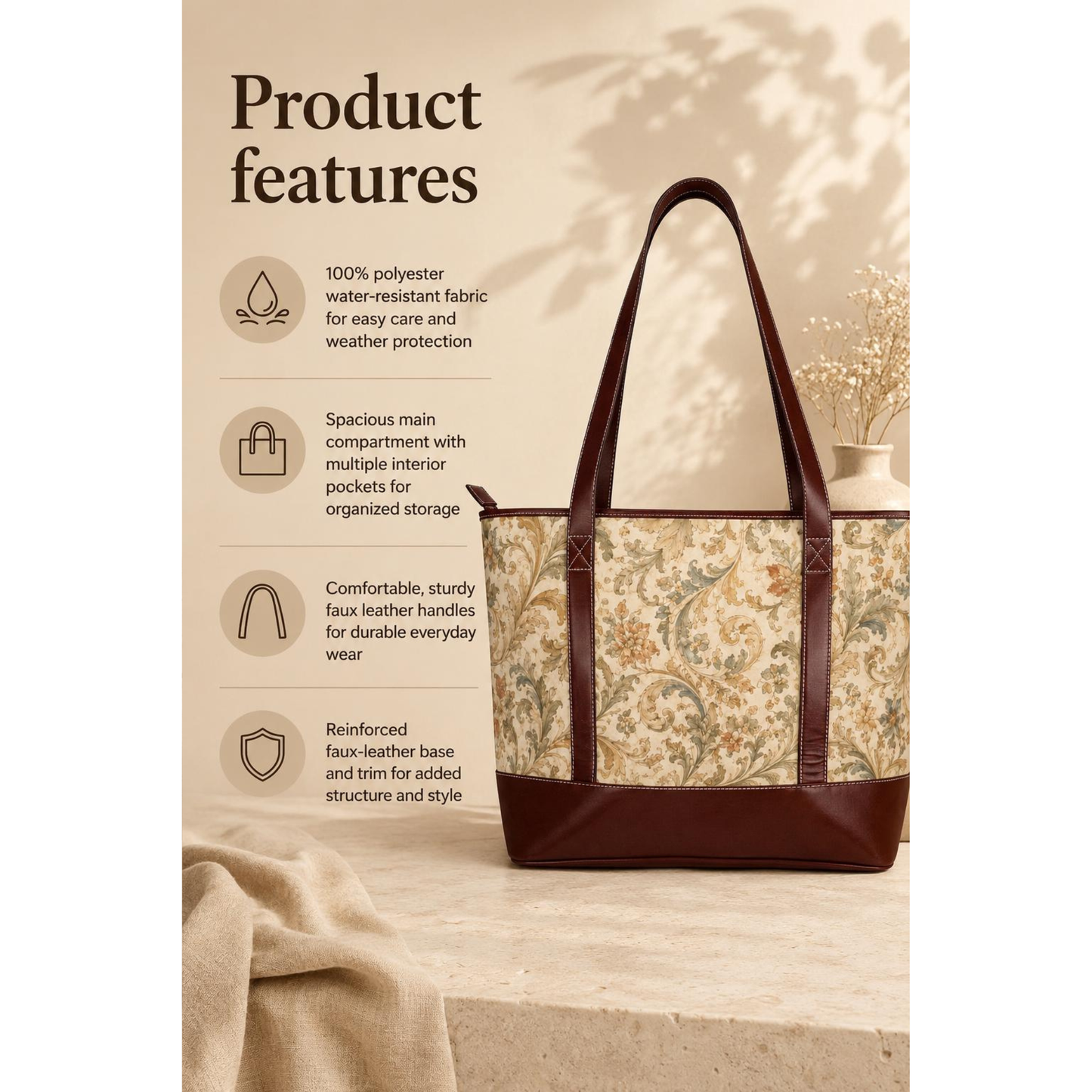William Morris Vintage Floral Scroll Leather Trim Shoulder Tote Bag