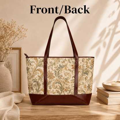 William Morris Vintage Floral Scroll Leather Trim Shoulder Tote Bag
