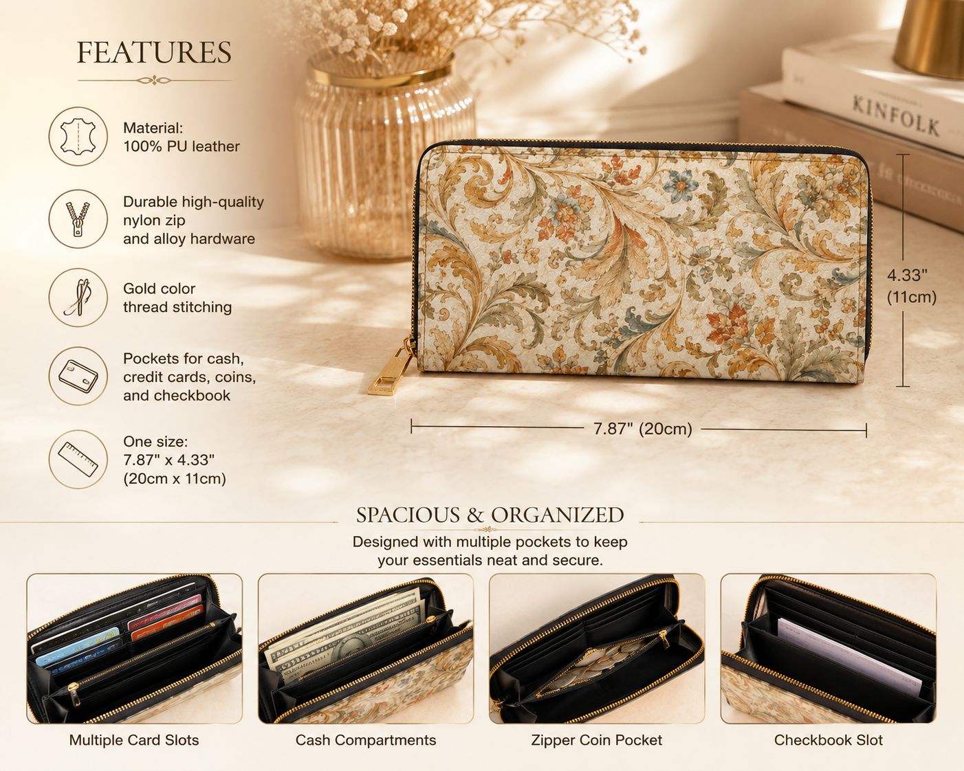 William Morris Floral Scroll Vintage Zipper Wallet