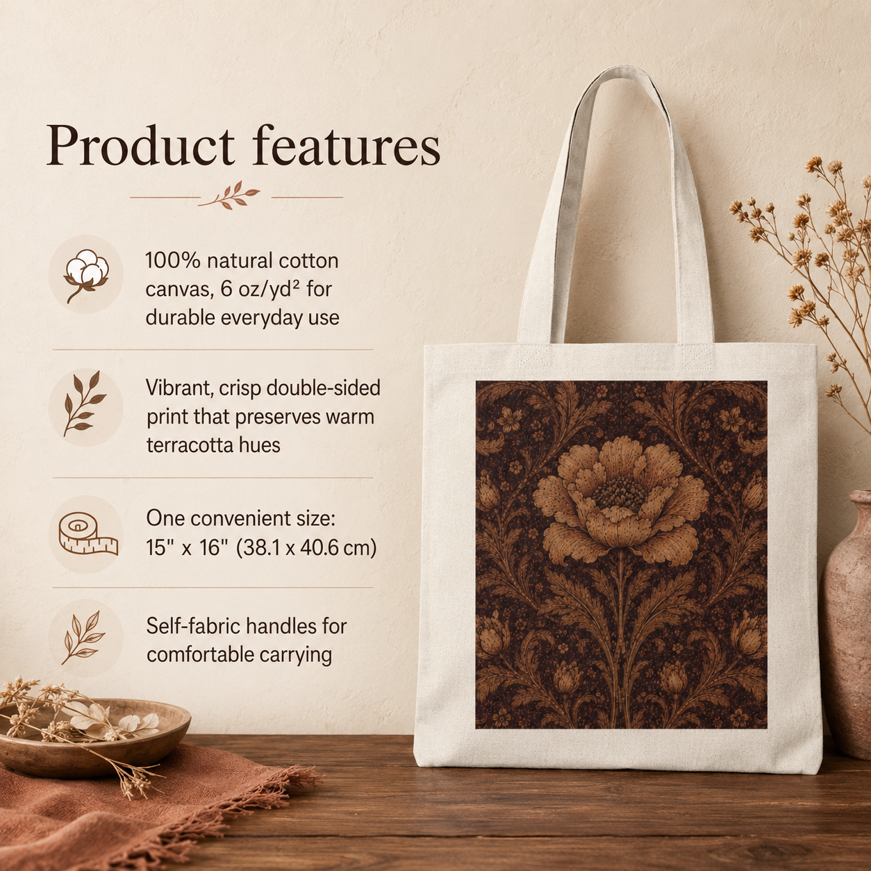 100% Cotton William Morris Floral Damask Rose Tote Bag