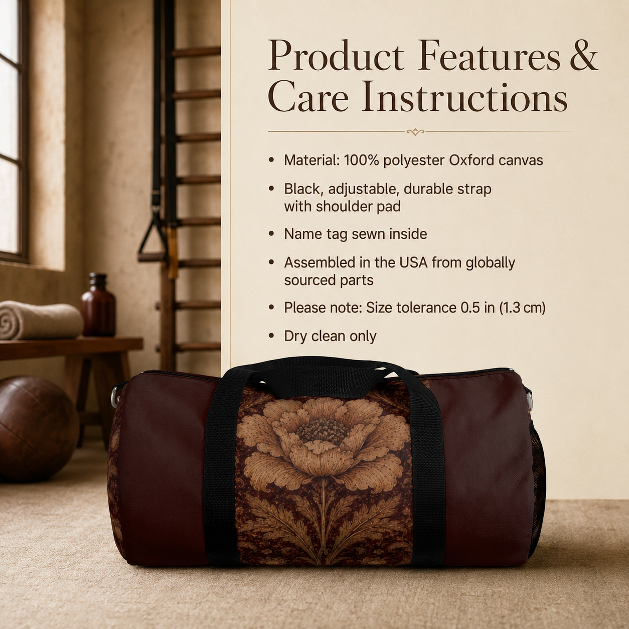 William Morris Floral Damask Maroon Rose Duffel Gym Bag