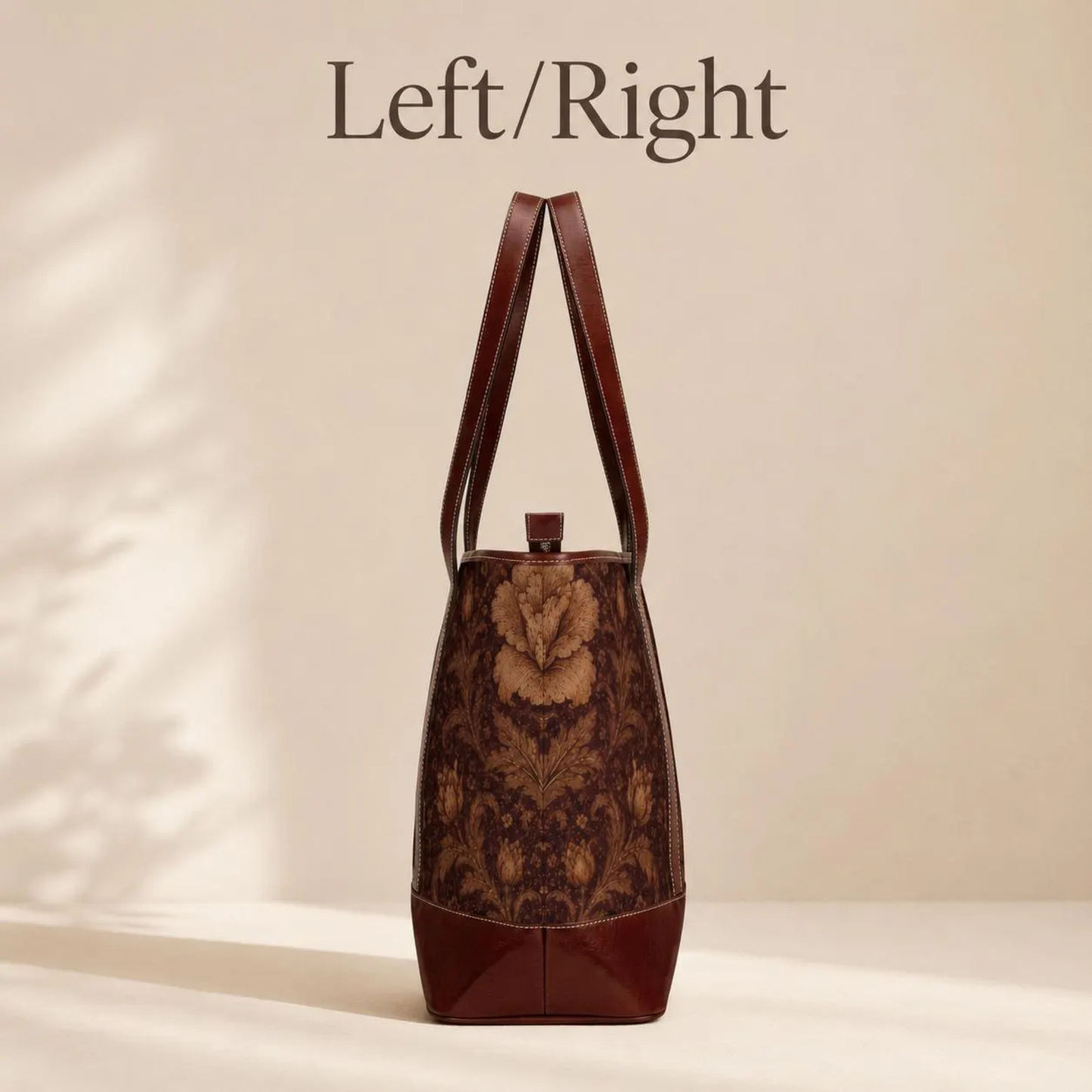 William Morris Floral Damask Rose Leather Trim Shoulder Tote Bag